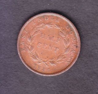 East India Company 1845 1/2 Half Cent Vf Coin. photo