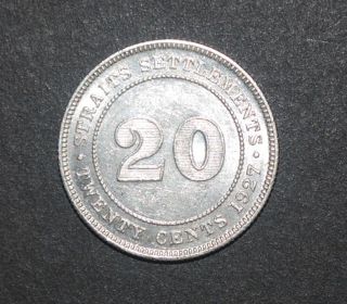 Straits Settlements 1927 20 Cent Aunc Silver Coin. photo