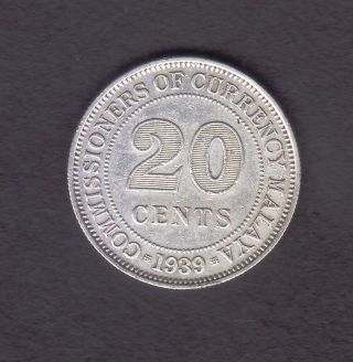 Malaya 1939 20 Cent Vf Silver Coin. photo