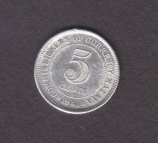 Malaya 1941 - I 5 Cent Silver Coin. photo