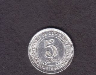 Malaya 1941 5 Cent Xf Silver Coin. photo
