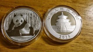 5 X 2015 China 1 Oz.  999 Fine Silver Panda 10 Yuan Coin In Hand Ready To Ship photo