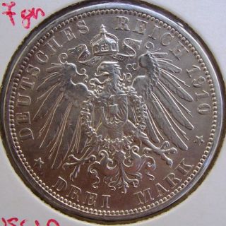 German States Prussia 3 Mark,  1910 - Siver Coin Unc photo