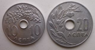 Greece Coin,  20 Cent Lepta 1959 Plus 10 Cent Lepta 1966,  Cent Drachma Coin photo