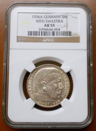 1936 A Germany - Third Reich Silver 5 Mark Coin - Ngc Graded Au 55 photo