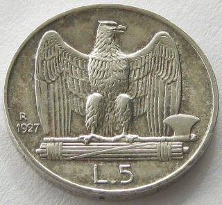 Italy,  Silver Coin,  5 Lire 1927 R Fert,  Top photo