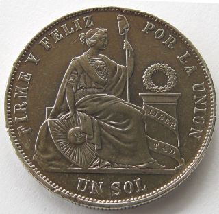 Peru,  Large Silver Coin,  1 Sol 1869 Yb,  Top photo