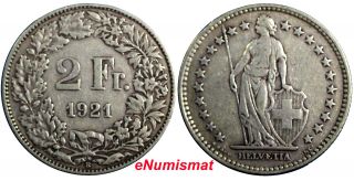 Switzerland Silver 1921 B 2 Francs Vf 27.  4mm Km 21 photo