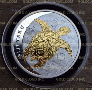 2011 Fiji Taku Sea Turtle 1 Oz Silver Coin Zealant,  24k Gold Gilded photo