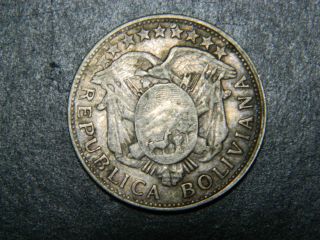 Bolivia,  50c,  1902,  Vf.  Dark Toning With A Few Dark Spots.  Half Dollar Size photo
