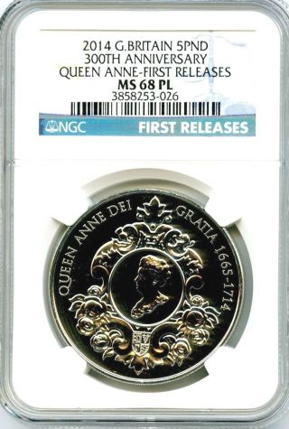 2014 Great Britain 5 Pnd 300th Anniversary Queen Anne Ngc Ms68 Pl (proof Like) photo
