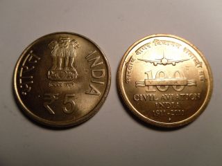 - India Commemorative Coin - Rs.  5/ - Civil Aviation - 1911 - 2011 - Re.  Symbol photo
