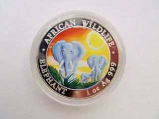 2014 1oz 999 Silver Somalia African Wildlife Elephant Sunset Colorized Coin photo