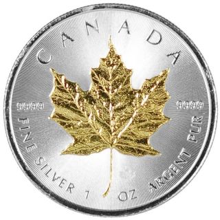 2014 1oz 9999 Fine Silver Canadian Maple Leaf 24k Gold Gilded Leaf Coin Rare photo