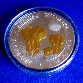 2014 1oz Silver African Wildlife Somalia Elephant 24k Gold Gilded Plated Coin photo
