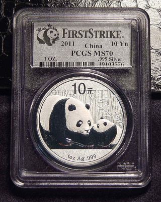 2011 Chinese Panda 10 Yuan “first Strike” Pcgs Ms70 1oz.  999 Silver photo
