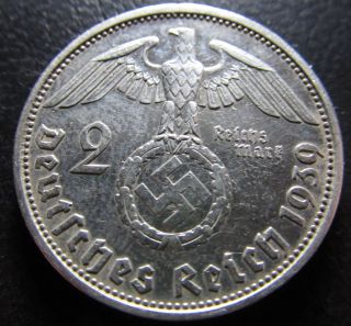 2 Reichsmark 1939 A.  Km 93.  Silver Nazi Coin.  Very Fine.  No.  917 photo