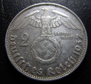 2 Reichsmark 1937 J.  Km 93.  Rare Silver Nazi Coin.  Very Fine.  No.  915 photo