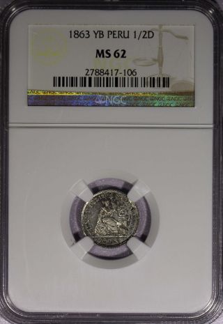 Peru Silver 1863 Yb 1/2 Dinero Ngc Ms62 First Year Of Issue. photo