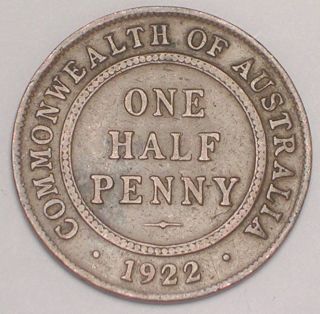 1922 Australia Australian Half Penny King George V Coin F, photo