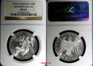 West Germany Silver 1972 G 10 Marks Ngc Ms63 Munich Olympics Km 132 photo
