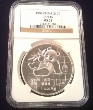 1989 China Silver Panda 10 Yuan Ngc Certified Ms67 Brilliant Uncirculated Coin photo
