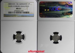Germany Saxe - Coburg - Saalfeld Silver 1808 1 Pfennig Ngc Ms61 Toned Km 136 photo