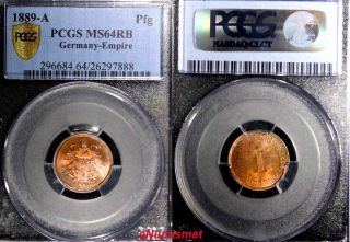 Germany - Empire Wilhelm I Copper 1889 A 1 Pfennig Pcgs Ms64 Rb Bu Km 1 photo