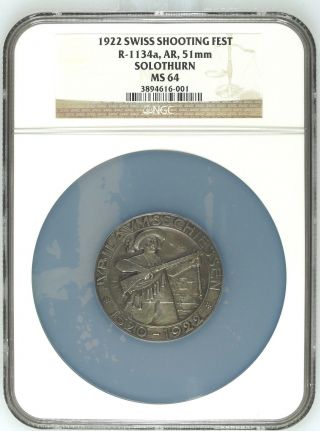 Swiss 1922 Silver Medal Shooting Fest Solothurn R - 1134a Ngc Ms64 photo