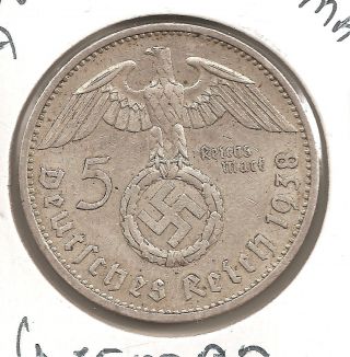 German 5 Mark Swastika Coin - 1938a - Silver - Hamburg,  Nazi Germany Reichsmark photo