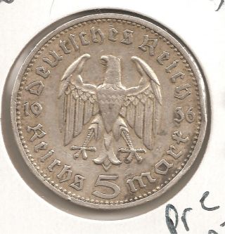 German Silver Pre Nazi 5 Mark 1936 