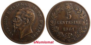 Italy Vittorio Emanuele Ii Copper 1861 M 5 Centesimi Km 3.  2 photo