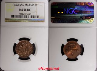 San Marino Bronze 1936 R 5 Centesimi Ngc Ms65 Rb Mintage - 400,  000 Km 12 photo