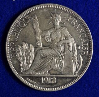 1913 French Indo - Chine Silver Coin Piastre De Commerce France photo