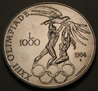 San Marino 1000 Lire 1984r - Silver - 1984 Summer Olympics - Aunc 878 photo