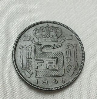 1941 Belgium 5 Francs Uncirculated - Ms/condition (bel 41) photo