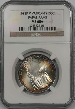 1983r V Papal Arms Vatican Silver 1000 Lire 1000l Ms68 Star Ngc Rainbow Color photo