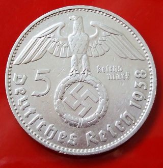 5 Mark Reichsmark 1938 D 90 Silver Swastika Km 94 3rd Reich Germany Rare photo