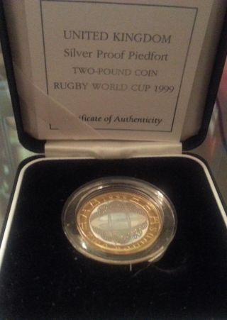 1999 Great Britain Silver Gold Plate Proof Piedfort Rugby World Cup 2 Pound Box photo