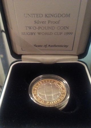 1999 Great Britain Silver Gold Plate Proof Rugby World Cup 2 Pound W/ Box photo