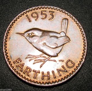 Great Britain 1 Farthing Coin 1953 Km 881 Elizabeth Ii Wren Bird photo
