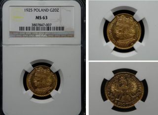 1925 Gold 20zl Poland King Boleslaw Chrobry 20 Zlotych Ngc Ms 63 Polish Coin Rrr photo