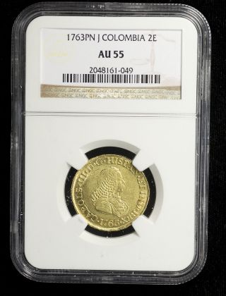 Spanish Colonial Colombia 1763 Pn J Gold 2 Escudos Ngc Au - 55 Very Lustrous photo