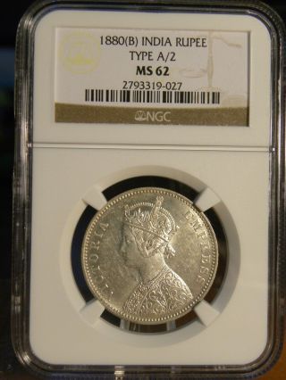 1880 B India Silver Rupee Type A/2 Ngc Ms 62 photo