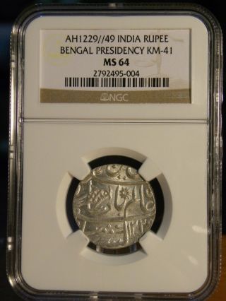 Ah 1229//49 India Silver Rupee Bengal Presidency Ngc Ms 64 photo