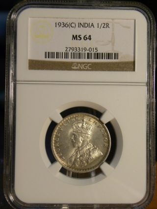 1936 C India Silver 1/2 Half Rupee Ngc Ms 64 photo