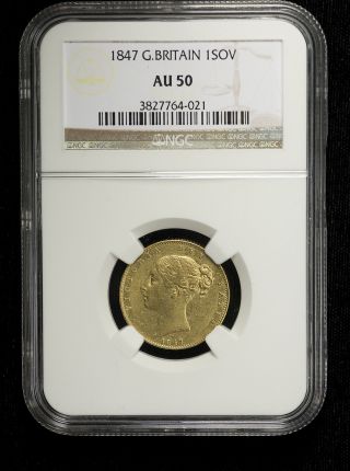 Great Britain 1847 Gold Sovereign Ngc Au - 50 Bold Details Good Luster Looks Gr8 photo