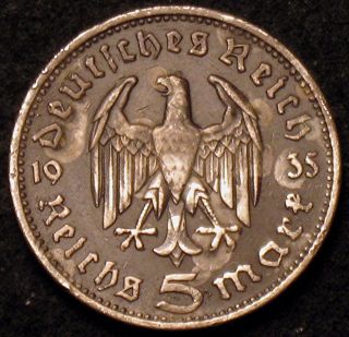 German Silver Coin 1935 - F,  5 Marks photo