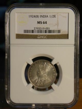 1924 B India Silver 1/2 Half Rupee Ngc Ms 64 photo