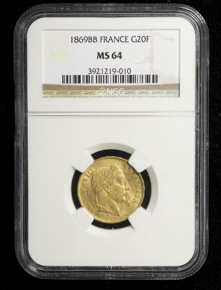 France 1869 Bb Gold 20 Francs Ngc Ms - 64 Sharp Bright & Lustrous Only 6 Better photo